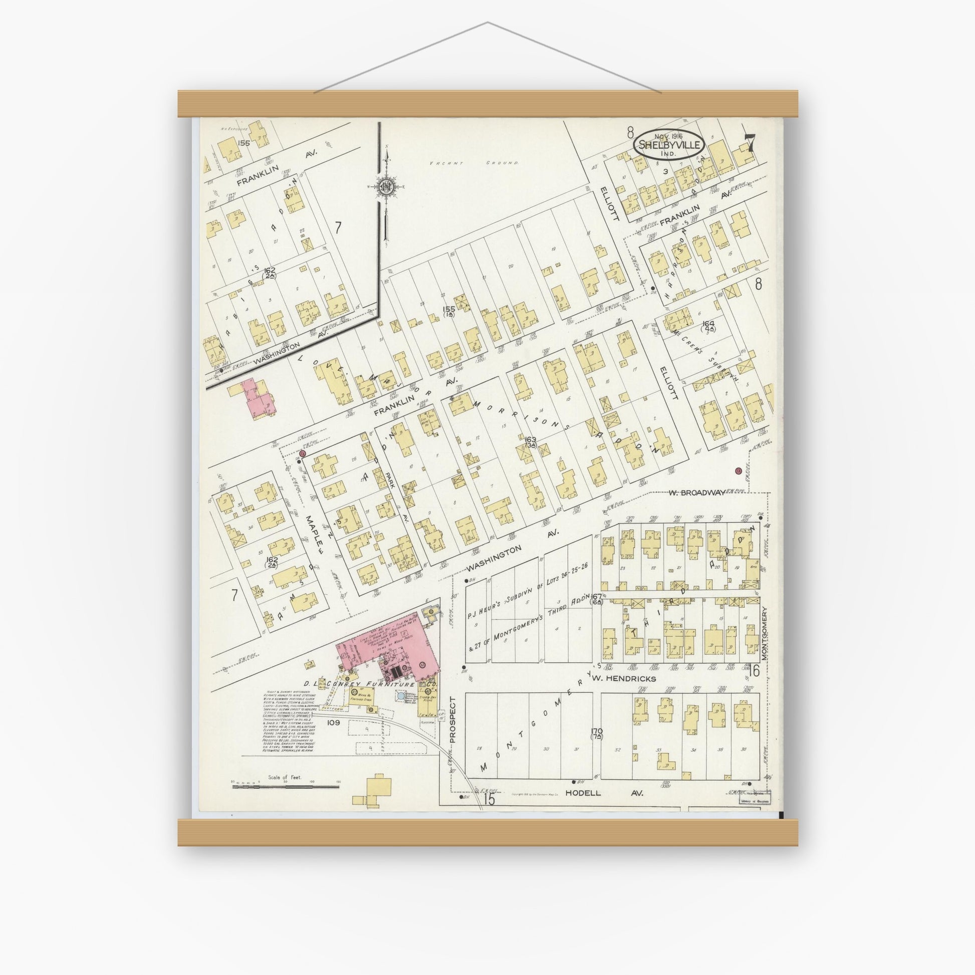 Old map wall art mockup — magnetic wood frame on white wall — Sanborn Fire Insurance Map from Shelbyville, Shelby County, Indiana (1916), Sheet #0007
