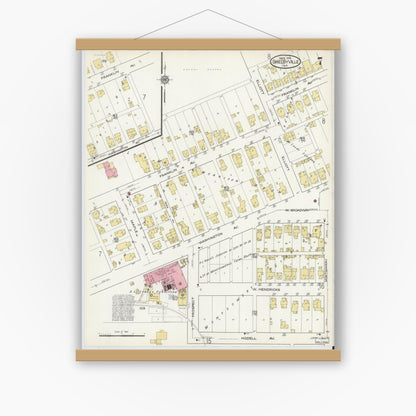 Old map wall art mockup — magnetic wood frame on white wall — Sanborn Fire Insurance Map from Shelbyville, Shelby County, Indiana (1916), Sheet #0007