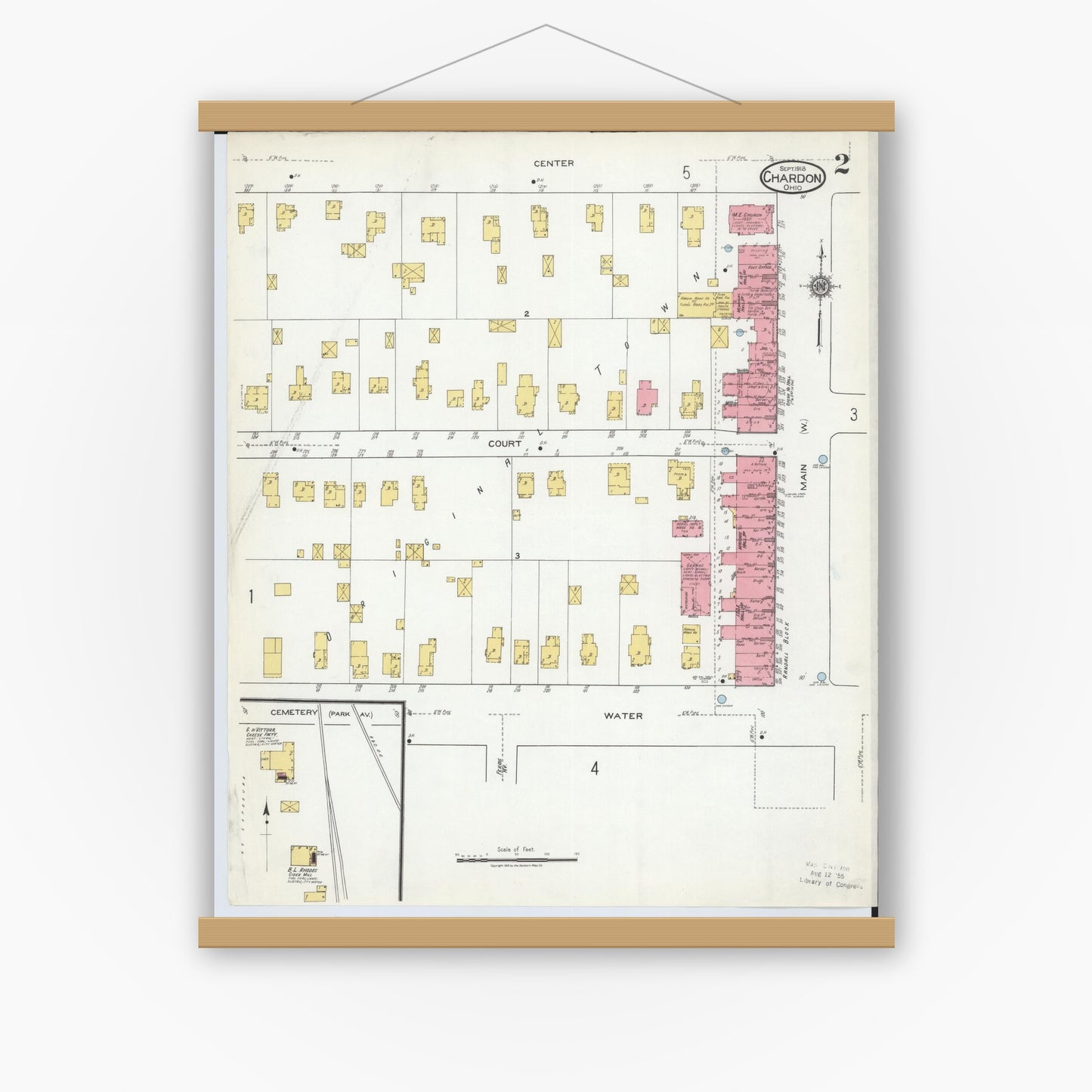Old map wall art mockup — magnetic wood frame on white wall — Sanborn Fire Insurance Map from Chardon, Geauga County, Ohio (1918), Sheet #0002