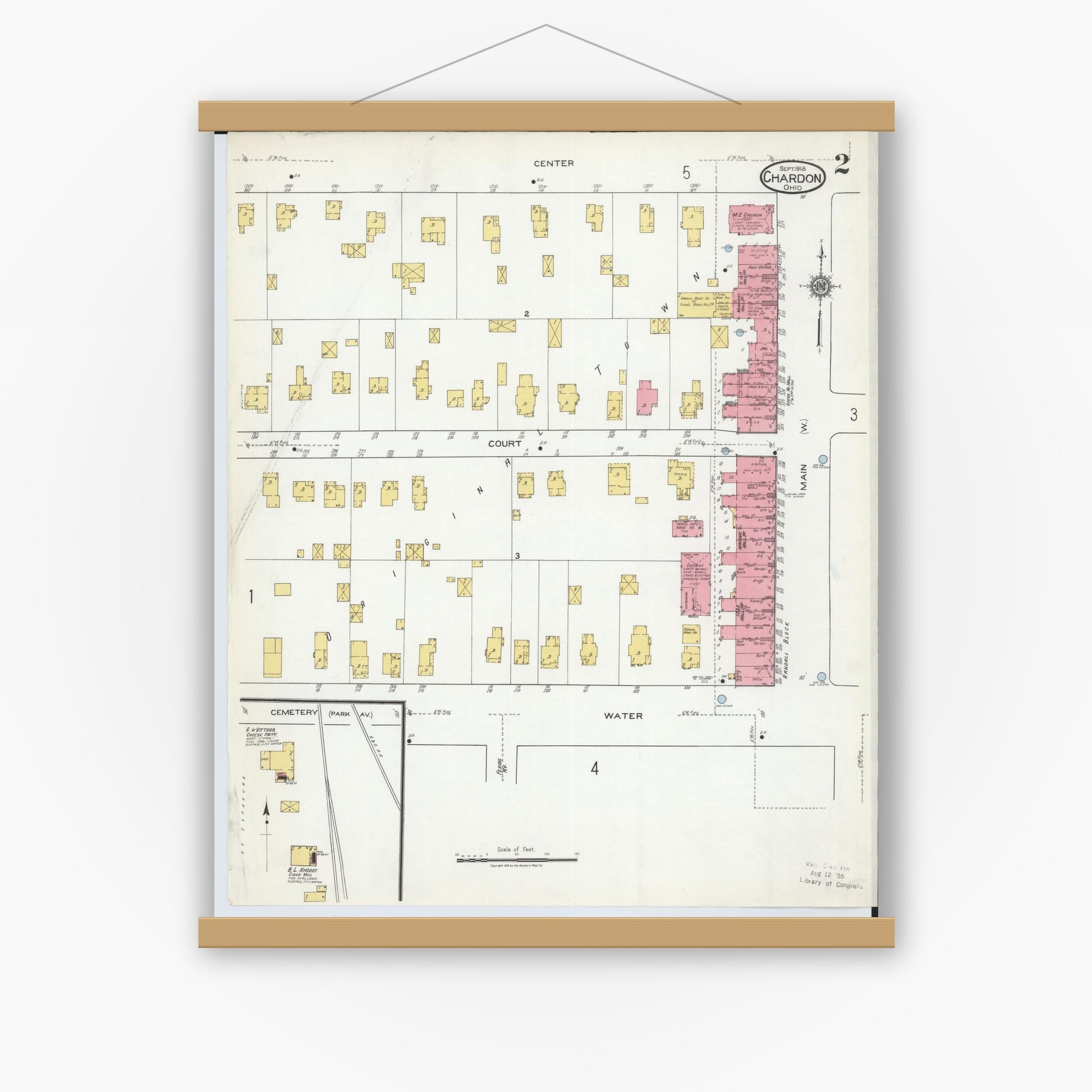 Old map wall art mockup — magnetic wood frame on white wall — Sanborn Fire Insurance Map from Chardon, Geauga County, Ohio (1918), Sheet #0002