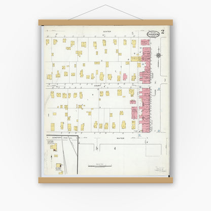 Old map wall art mockup — magnetic wood frame on white wall — Sanborn Fire Insurance Map from Chardon, Geauga County, Ohio (1918), Sheet #0002