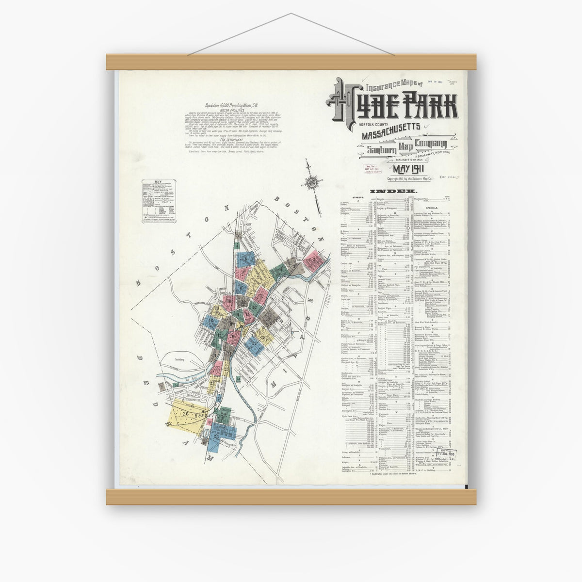 Old map wall art mockup — magnetic wood frame on white wall — Sanborn Fire Insurance Map from Hyde Park, Norfolk County, Massachusetts (1911) - Complete Map Set
