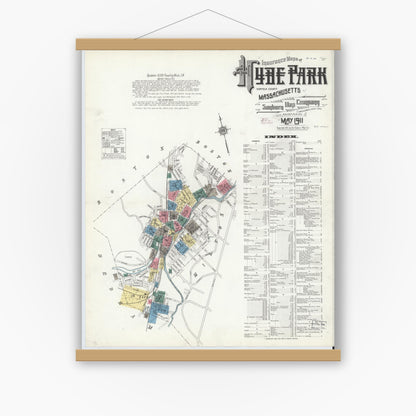 Old map wall art mockup — magnetic wood frame on white wall — Sanborn Fire Insurance Map from Hyde Park, Norfolk County, Massachusetts (1911) - Complete Map Set