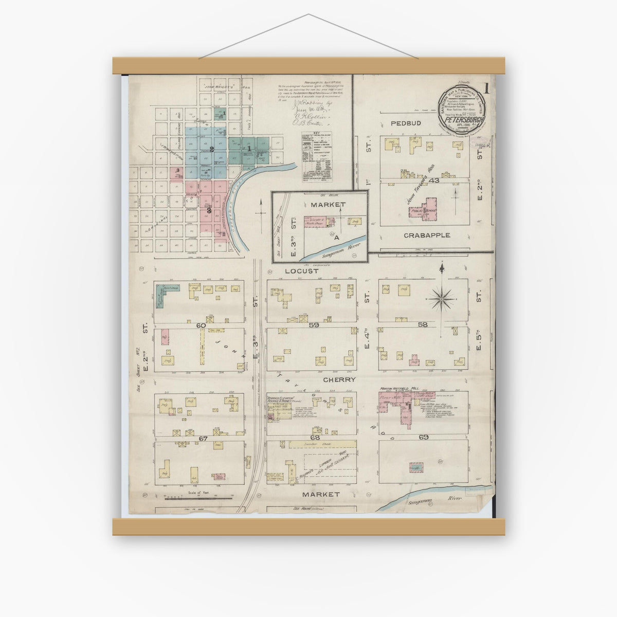 Old map wall art mockup — magnetic wood frame on white wall — Sanborn Fire Insurance Map from Petersburg, Menard County, Illinois (1886), Sheet #0001