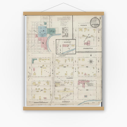 Old map wall art mockup — magnetic wood frame on white wall — Sanborn Fire Insurance Map from Petersburg, Menard County, Illinois (1886), Sheet #0001