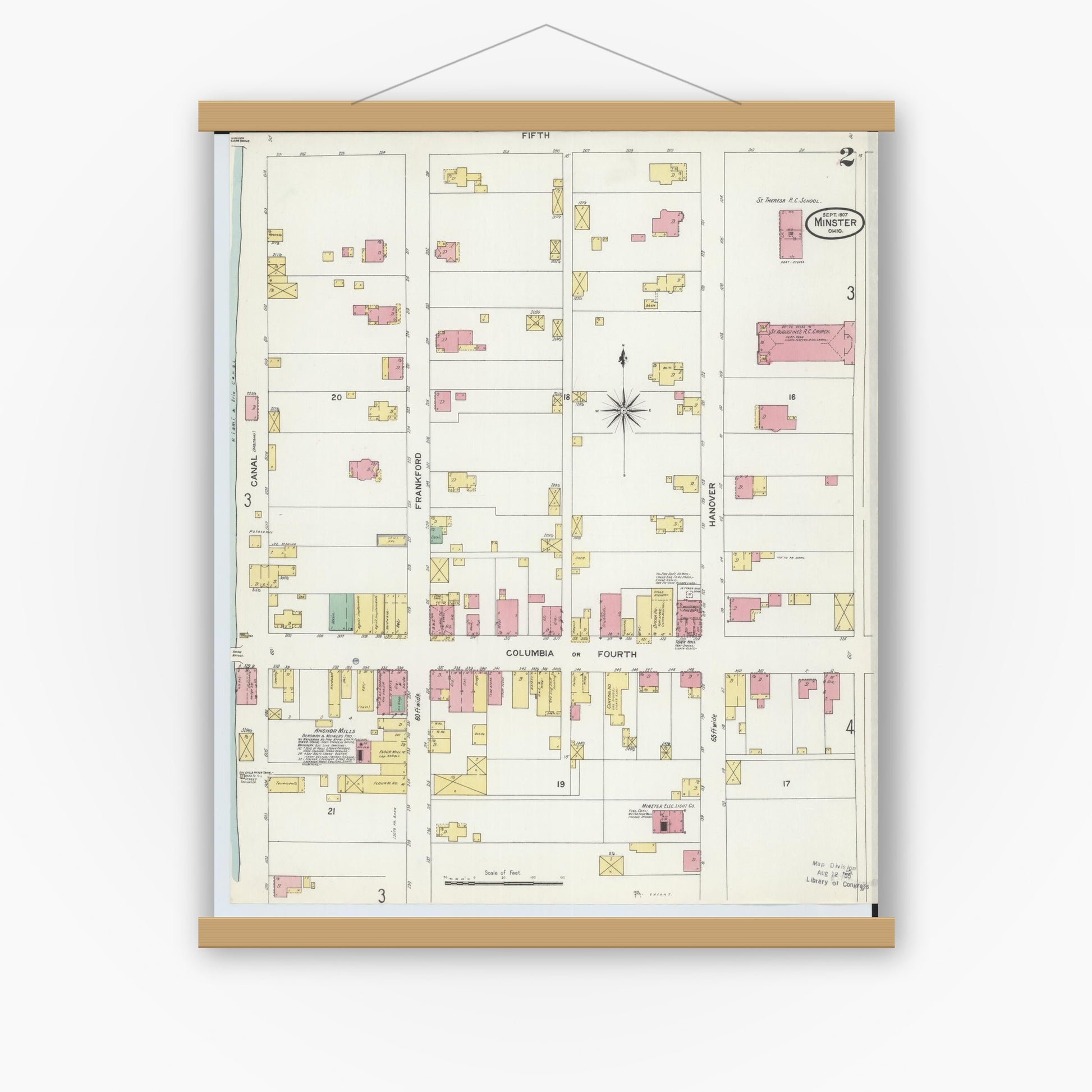 Old map wall art mockup — magnetic wood frame on white wall — Sanborn Fire Insurance Map from Minster, Auglaize County, Ohio (1907), Sheet #0002