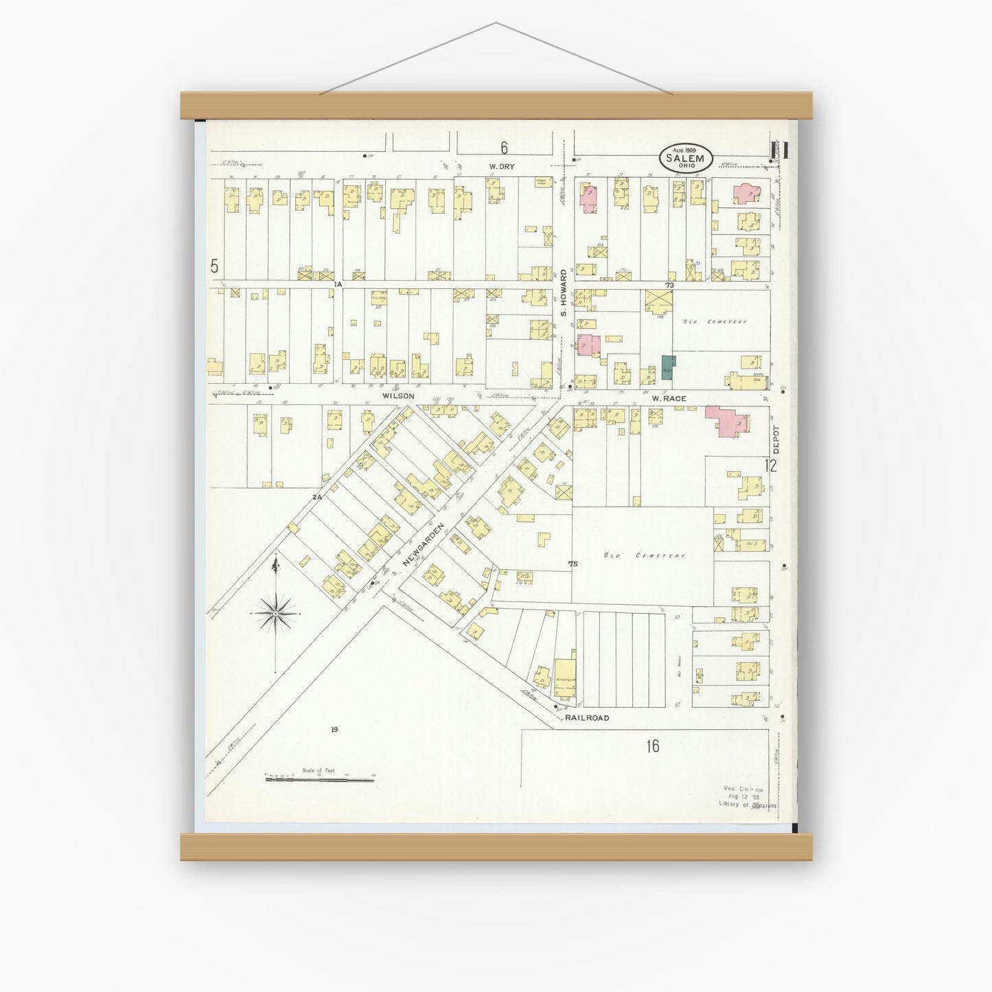 Old map wall art mockup — magnetic wood frame on white wall — Sanborn Fire Insurance Map from Salem, Columbiana County, Ohio (1909), Sheet #0011