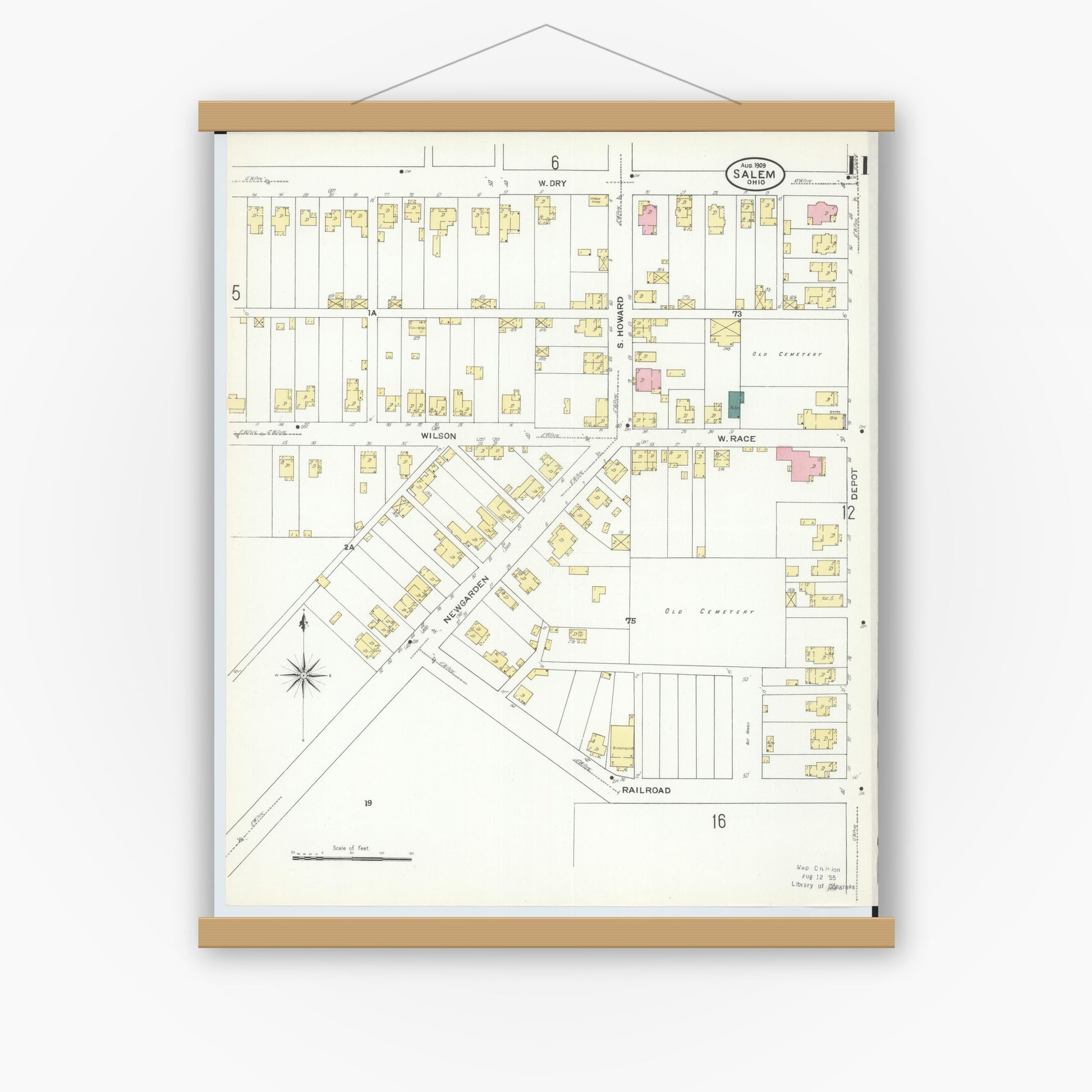 Old map wall art mockup — magnetic wood frame on white wall — Sanborn Fire Insurance Map from Salem, Columbiana County, Ohio (1909), Sheet #0011