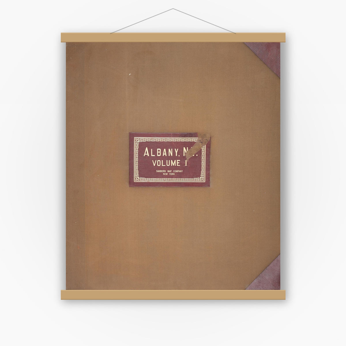 Old map wall art mockup — magnetic wood frame on white wall — Sanborn Fire Insurance Map from Albany, Albany County, New York (1950), Sheet #0001