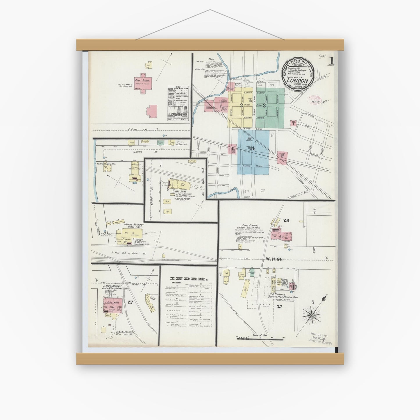 Old map wall art mockup — magnetic wood frame on white wall — Sanborn Fire Insurance Map from London, Madison County, Ohio (1890), Sheet #0001