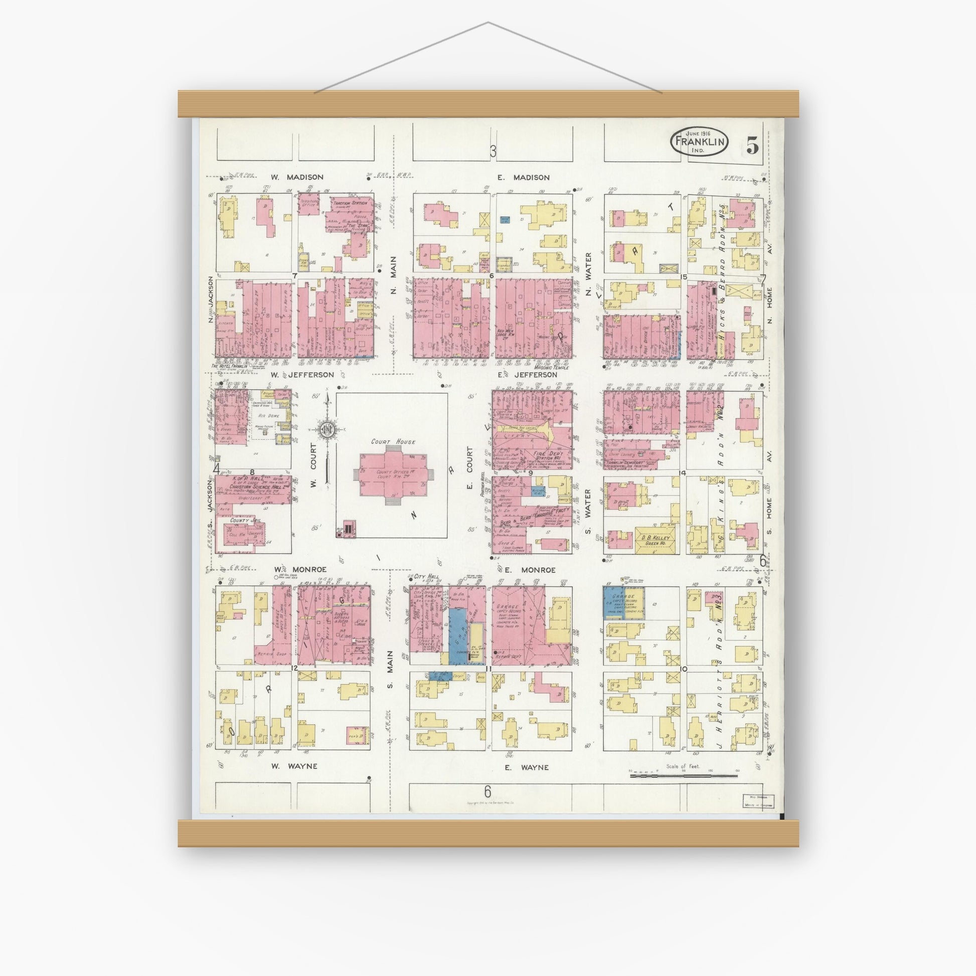 Old map wall art mockup — magnetic wood frame on white wall — Sanborn Fire Insurance Map from Franklin, Johnson County, Indiana (1916), Sheet #0005