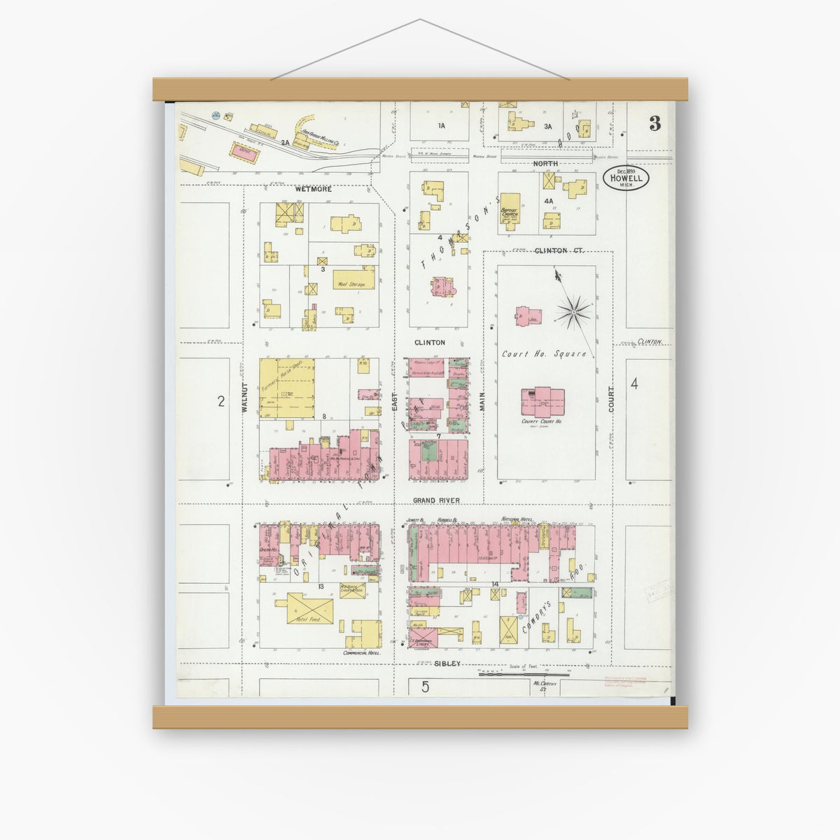 Old map wall art mockup — magnetic wood frame on white wall — Sanborn Fire Insurance Map from Howell, Livingston County, Michigan (1899), Sheet #0003