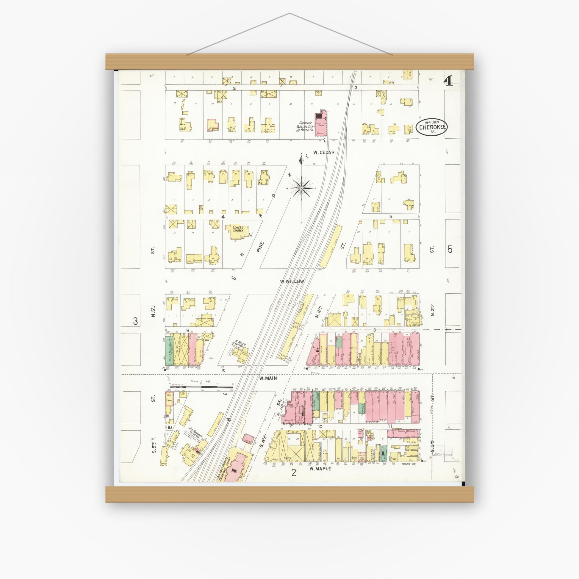 Old map wall art mockup — magnetic wood frame on white wall — Sanborn Fire Insurance Map from Cherokee, Cherokee County, Iowa (1899), Sheet #0004