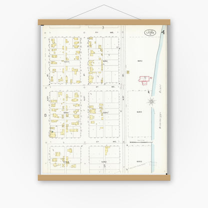 Old map wall art mockup — magnetic wood frame on white wall — Sanborn Fire Insurance Map from Lyons, Clinton County, Iowa (1902), Sheet #0004