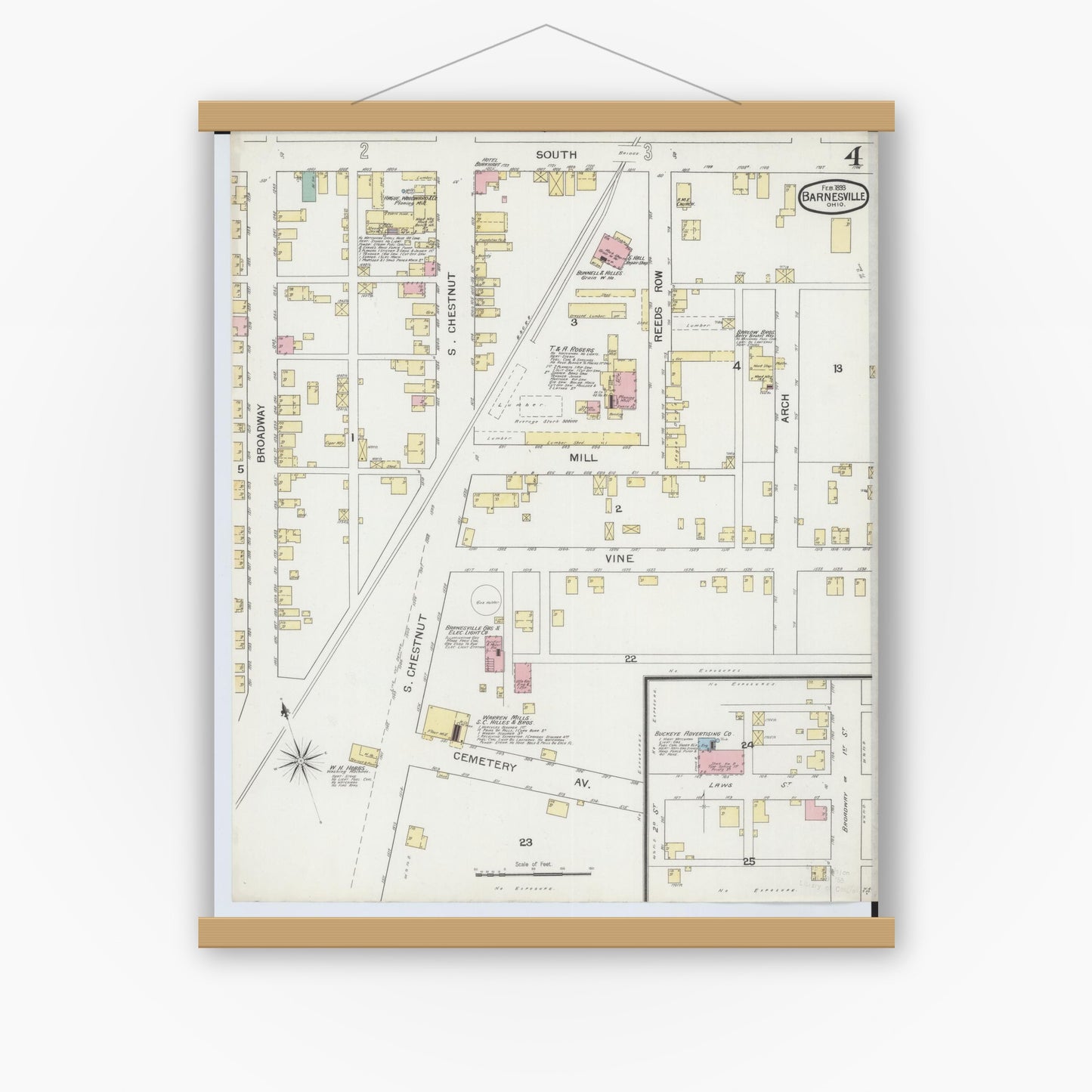 Old map wall art mockup — magnetic wood frame on white wall — Sanborn Fire Insurance Map from Barnesville, Belmont County, Ohio (1893), Sheet #0004