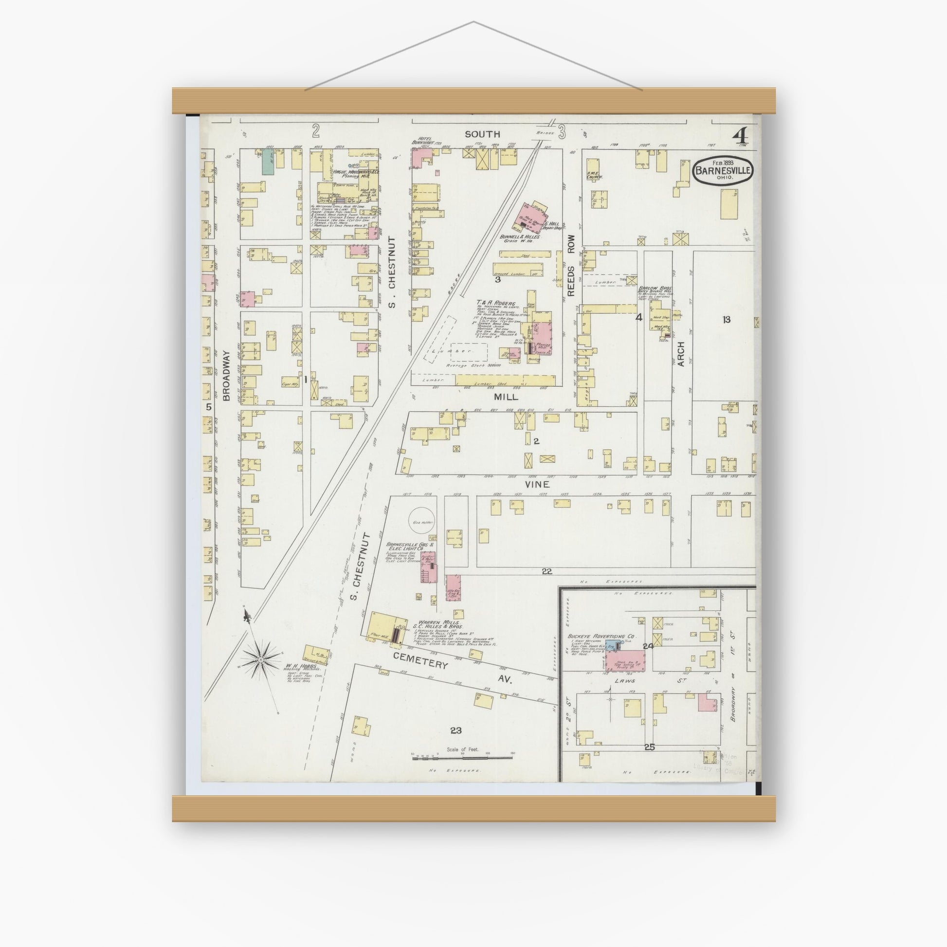 Old map wall art mockup — magnetic wood frame on white wall — Sanborn Fire Insurance Map from Barnesville, Belmont County, Ohio (1893), Sheet #0004