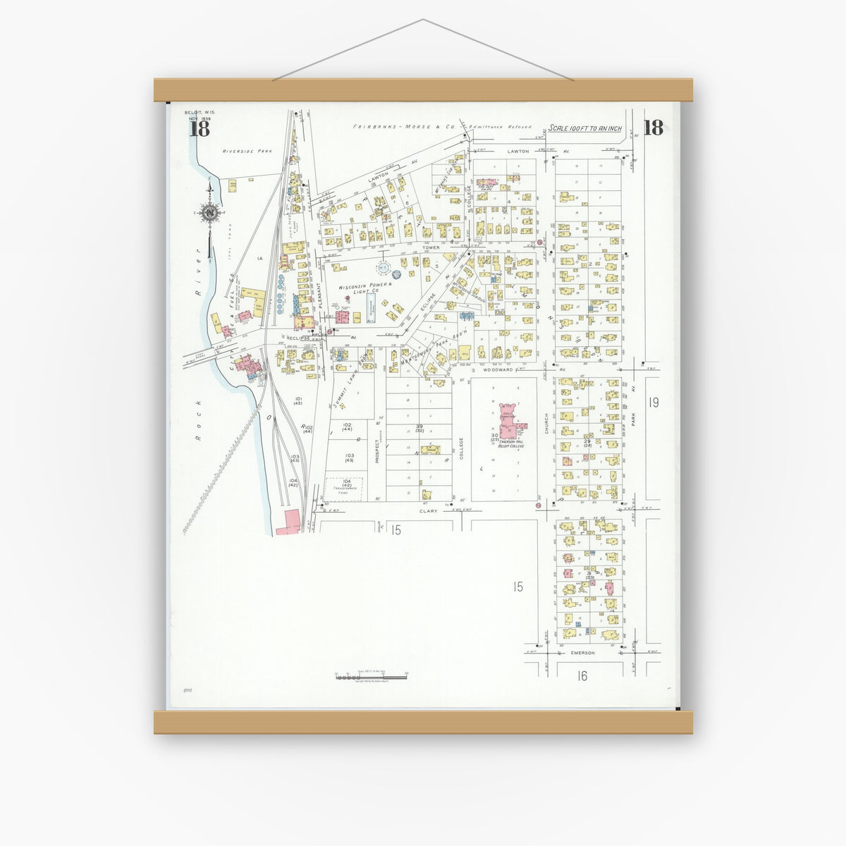 Old map wall art mockup — magnetic wood frame on white wall — Sanborn Fire Insurance Map from Beloit, Rock County, Wisconsin (1939), Sheet #0018