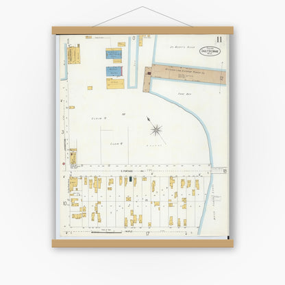 Old map wall art mockup — magnetic wood frame on white wall — Sanborn Fire Insurance Map from Sault Sainte Marie, Chippewa County, Michigan (1906), Sheet #0011