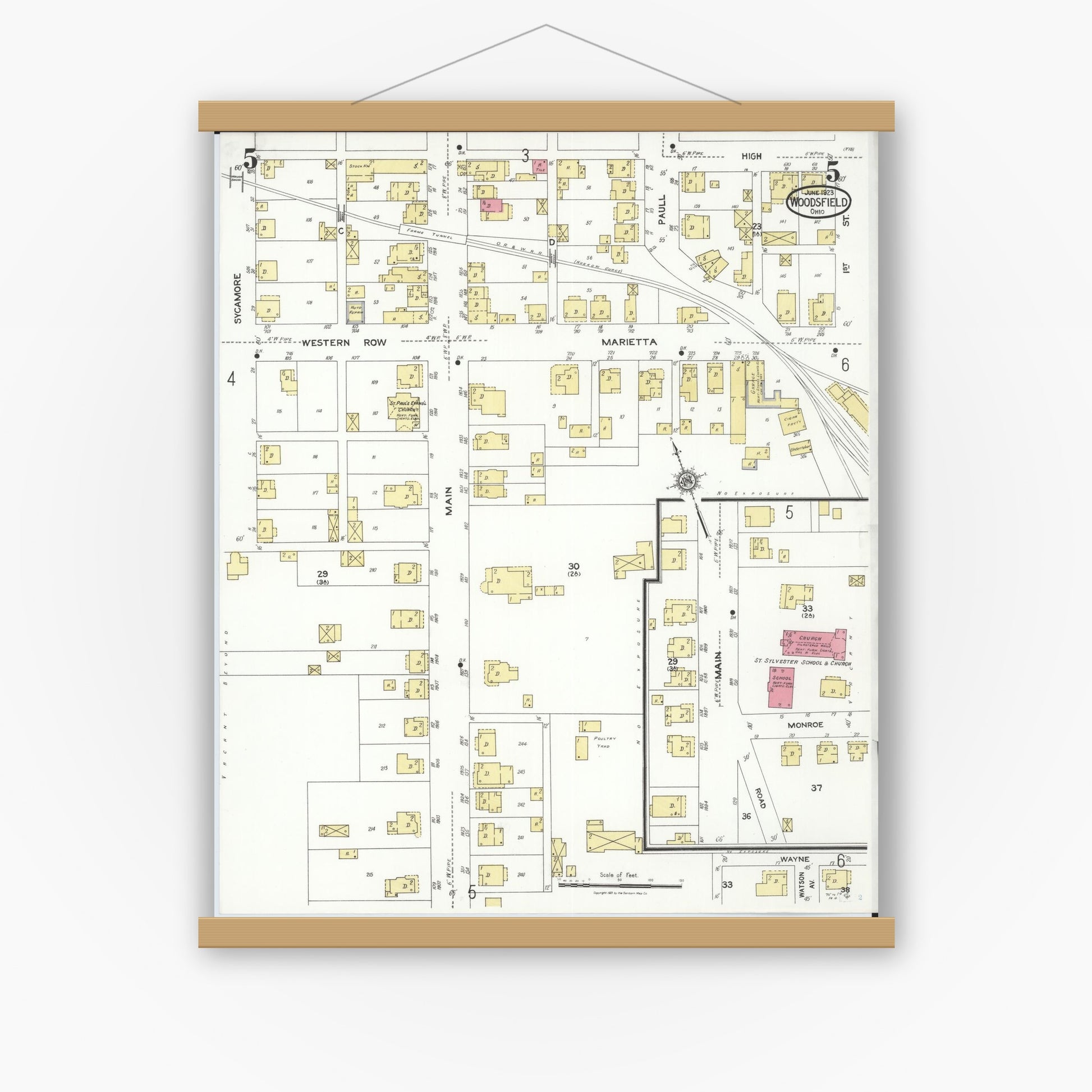 Old map wall art mockup — magnetic wood frame on white wall — Sanborn Fire Insurance Map from Woodsfield, Monroe County, Ohio (1923), Sheet #0005