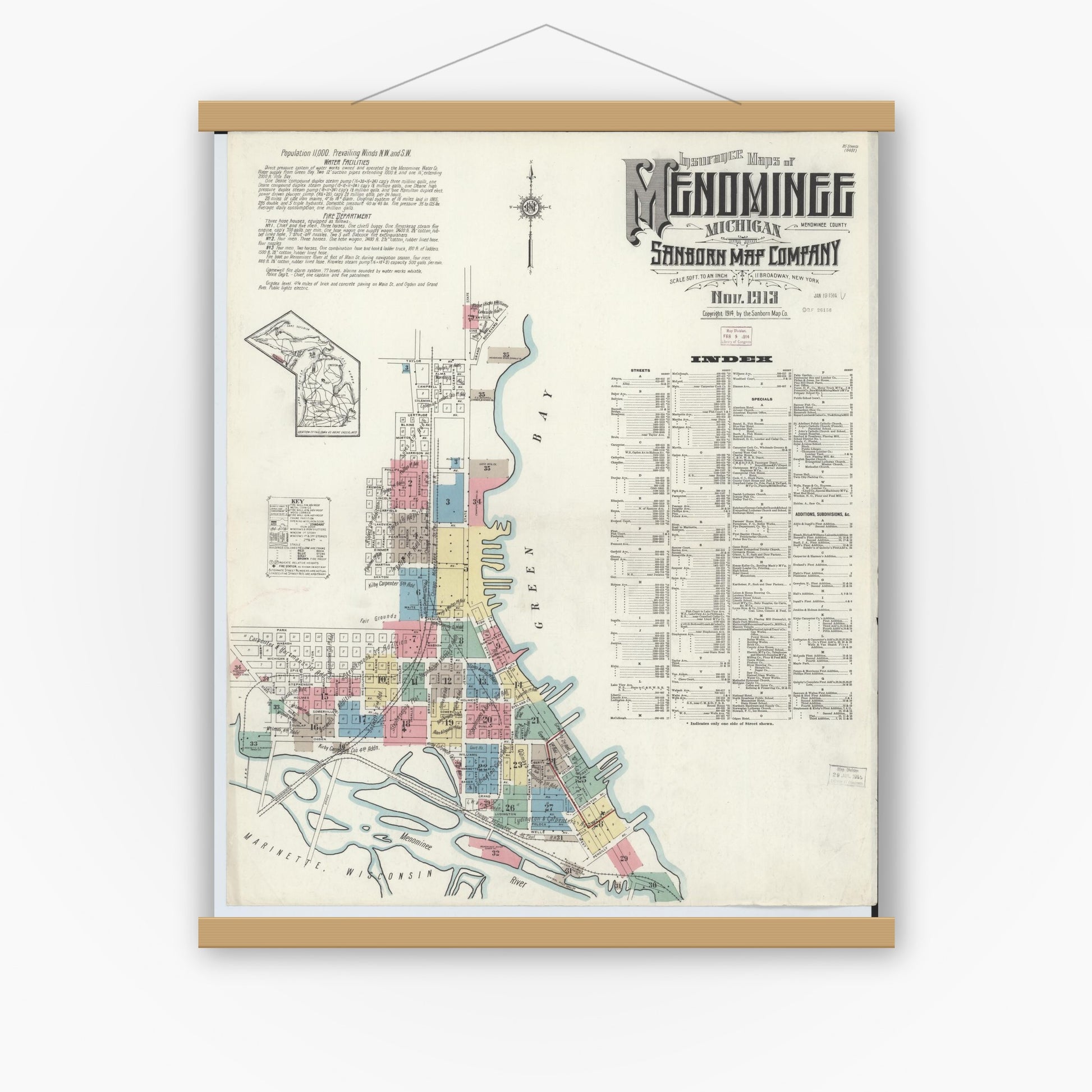 Old map wall art mockup — magnetic wood frame on white wall — Sanborn Fire Insurance Map from Menominee, Menominee County, Michigan (1913) - Complete Map Set
