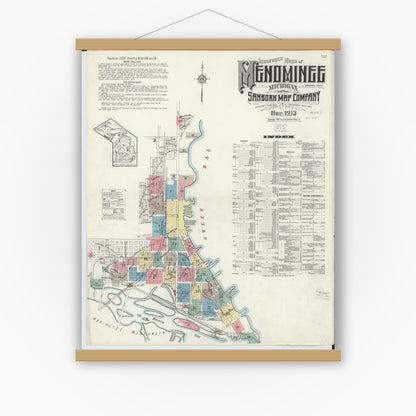 Old map wall art mockup — magnetic wood frame on white wall — Sanborn Fire Insurance Map from Menominee, Menominee County, Michigan (1913) - Complete Map Set