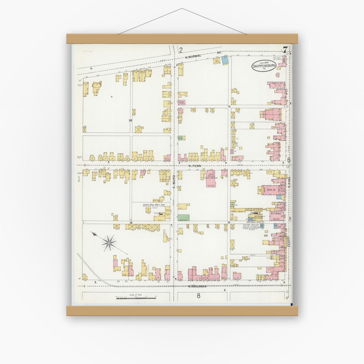 Old map wall art mockup — magnetic wood frame on white wall — Sanborn Fire Insurance Map from Shippensburg, Cumberland And Franklin Counties, Pennsylvania (1899), Sheet #0007