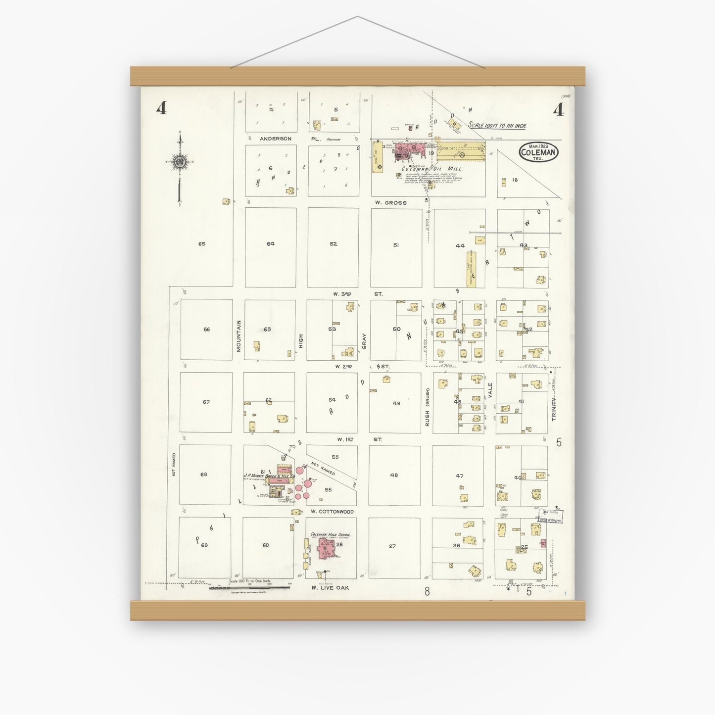 Old map wall art mockup — magnetic wood frame on white wall — Sanborn Fire Insurance Map from Coleman, Coleman County, Texas (1923), Sheet #0004