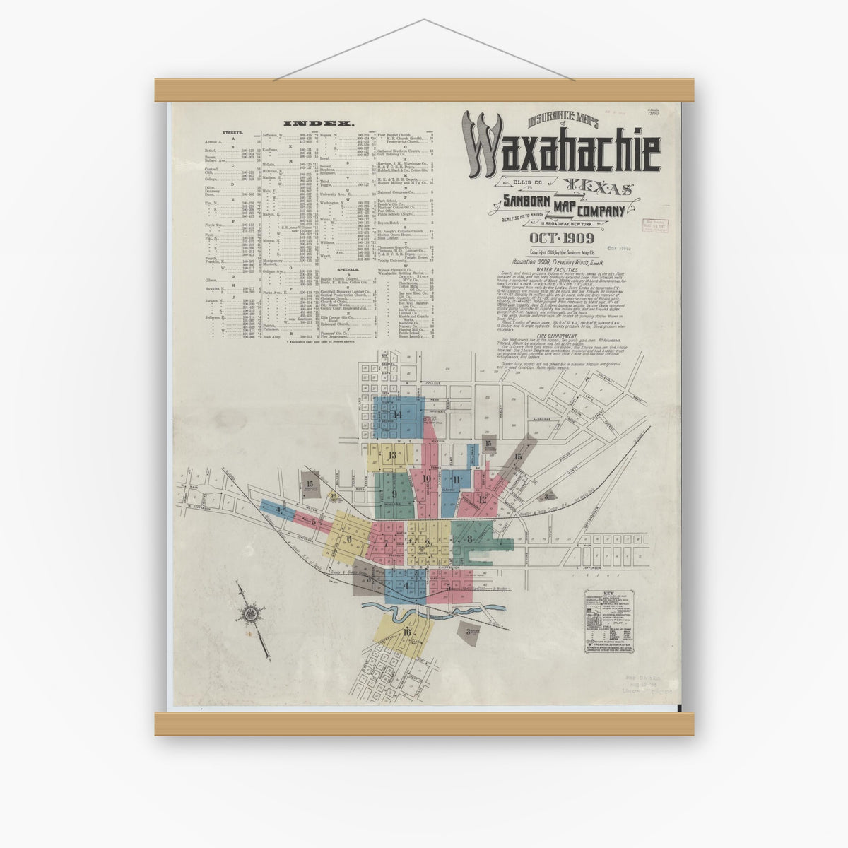 Old map wall art mockup — magnetic wood frame on white wall — Sanborn Fire Insurance Map from Waxahachie, Ellis County, Texas (1909) - Complete Map Set