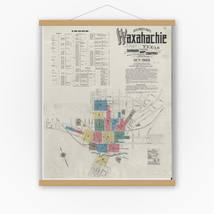 Old map wall art mockup — magnetic wood frame on white wall — Sanborn Fire Insurance Map from Waxahachie, Ellis County, Texas (1909) - Complete Map Set