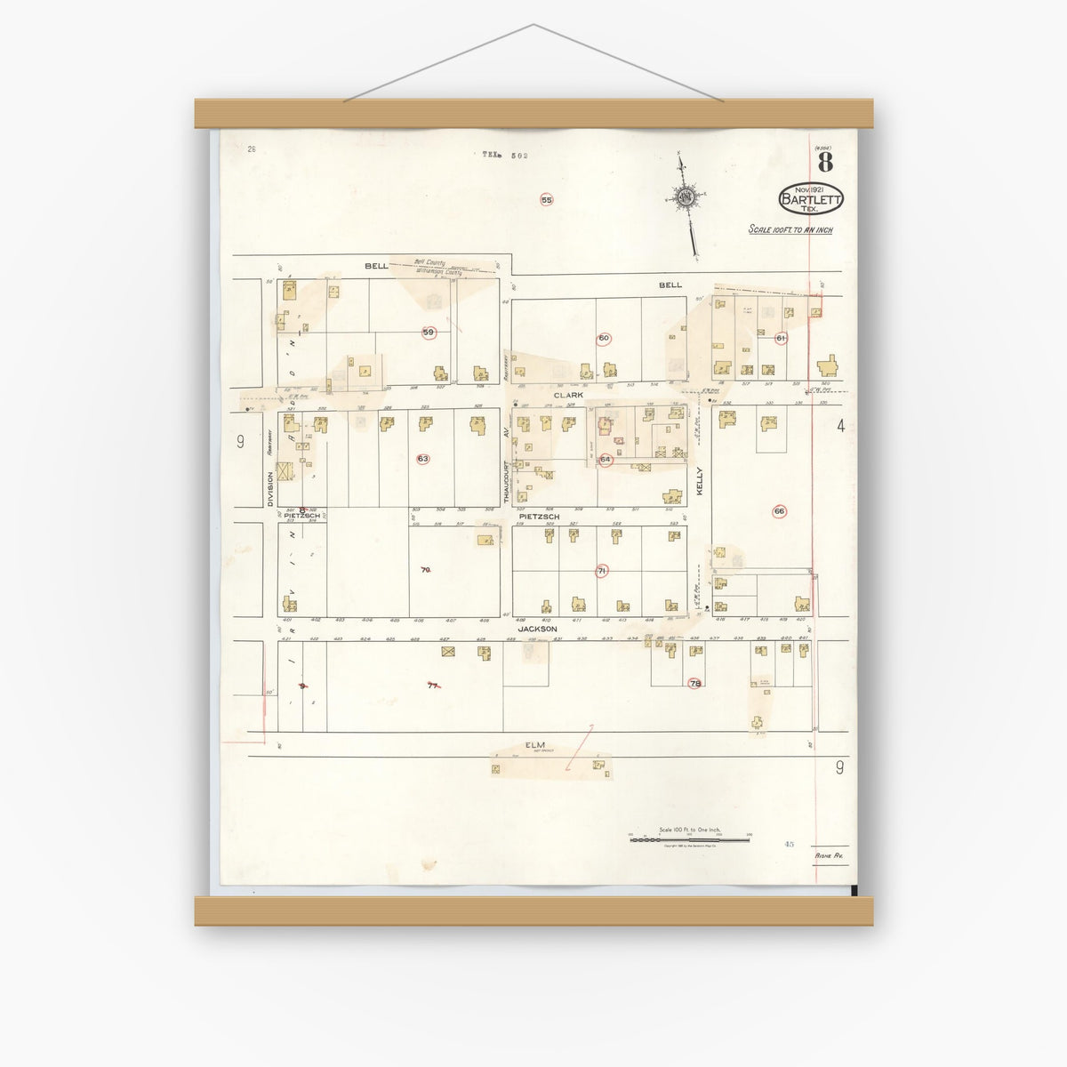 Old map wall art mockup — magnetic wood frame on white wall — Sanborn Fire Insurance Map from Bartlett, Bell and Williamson Counties, Texas (1940), Sheet #0008