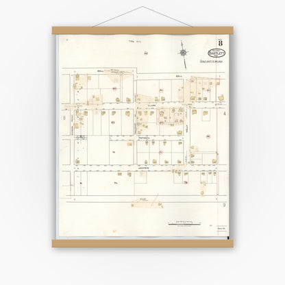 Old map wall art mockup — magnetic wood frame on white wall — Sanborn Fire Insurance Map from Bartlett, Bell and Williamson Counties, Texas (1940), Sheet #0008