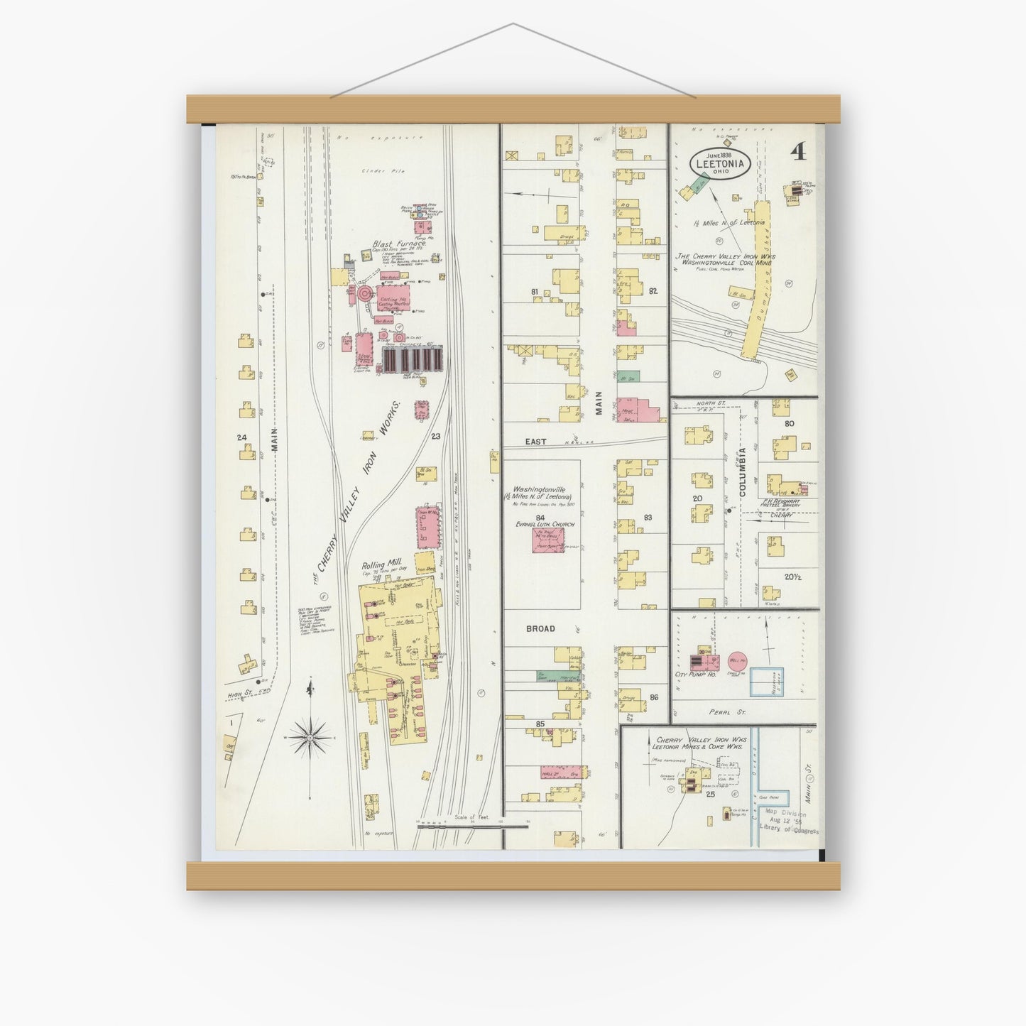 Old map wall art mockup — magnetic wood frame on white wall — Sanborn Fire Insurance Map from Leetonia, Columbiana County, Ohio (1898), Sheet #0004