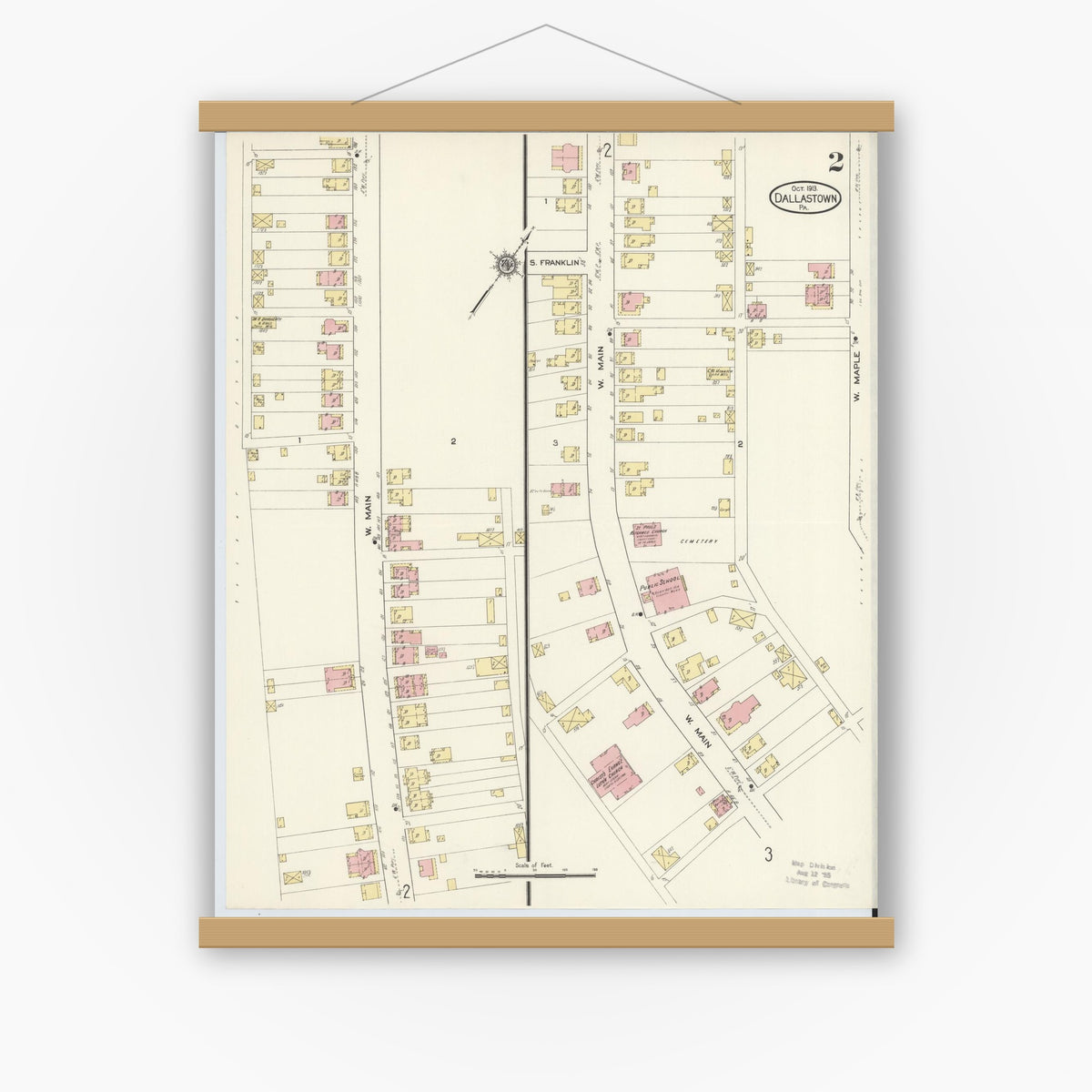 Old map wall art mockup — magnetic wood frame on white wall — Sanborn Fire Insurance Map from Dallastown, York County, Pennsylvania (1913), Sheet #0002
