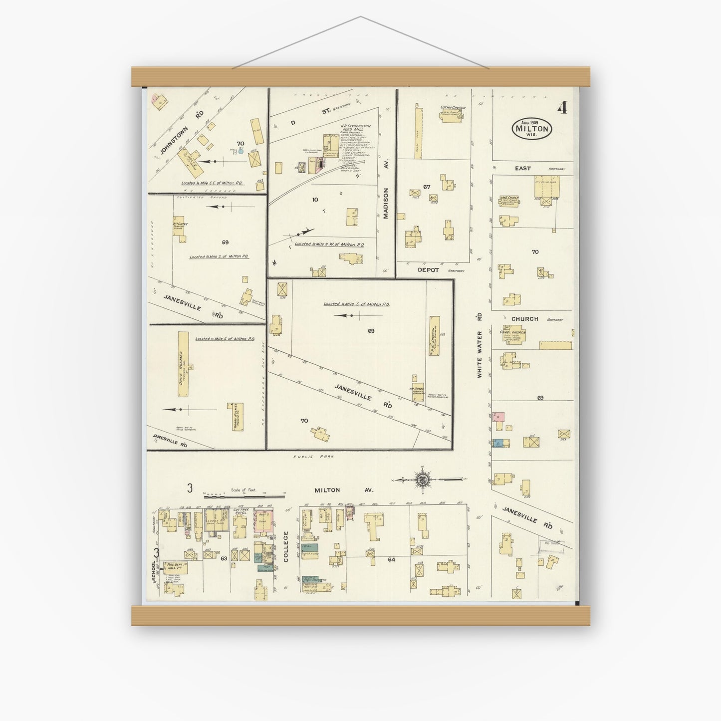 Old map wall art mockup — magnetic wood frame on white wall — Sanborn Fire Insurance Map from Milton, Rock County, Wisconsin (1909), Sheet #0004