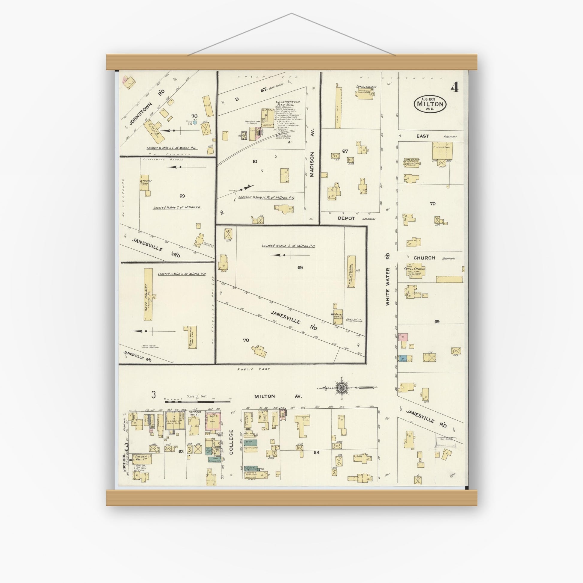 Old map wall art mockup — magnetic wood frame on white wall — Sanborn Fire Insurance Map from Milton, Rock County, Wisconsin (1909), Sheet #0004