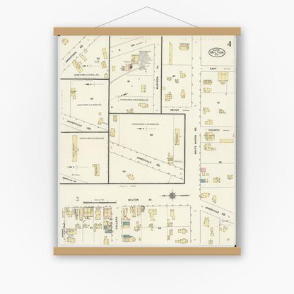 Old map wall art mockup — magnetic wood frame on white wall — Sanborn Fire Insurance Map from Milton, Rock County, Wisconsin (1909), Sheet #0004