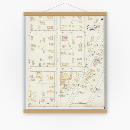 Old map wall art mockup — magnetic wood frame on white wall — Sanborn Fire Insurance Map from Three Rivers, Saint Joseph County, Michigan (1888), Sheet #0003