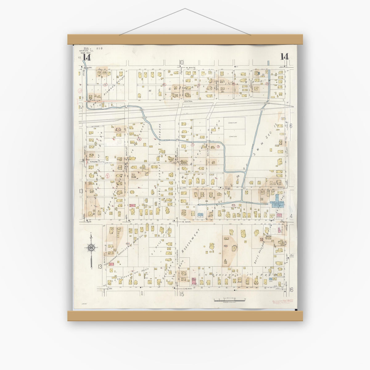 Old map wall art mockup — magnetic wood frame on white wall — Sanborn Fire Insurance Map from Marion, Williamson County, Illinois (1946), Sheet #0014