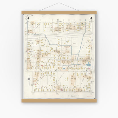 Old map wall art mockup — magnetic wood frame on white wall — Sanborn Fire Insurance Map from Marion, Williamson County, Illinois (1946), Sheet #0014