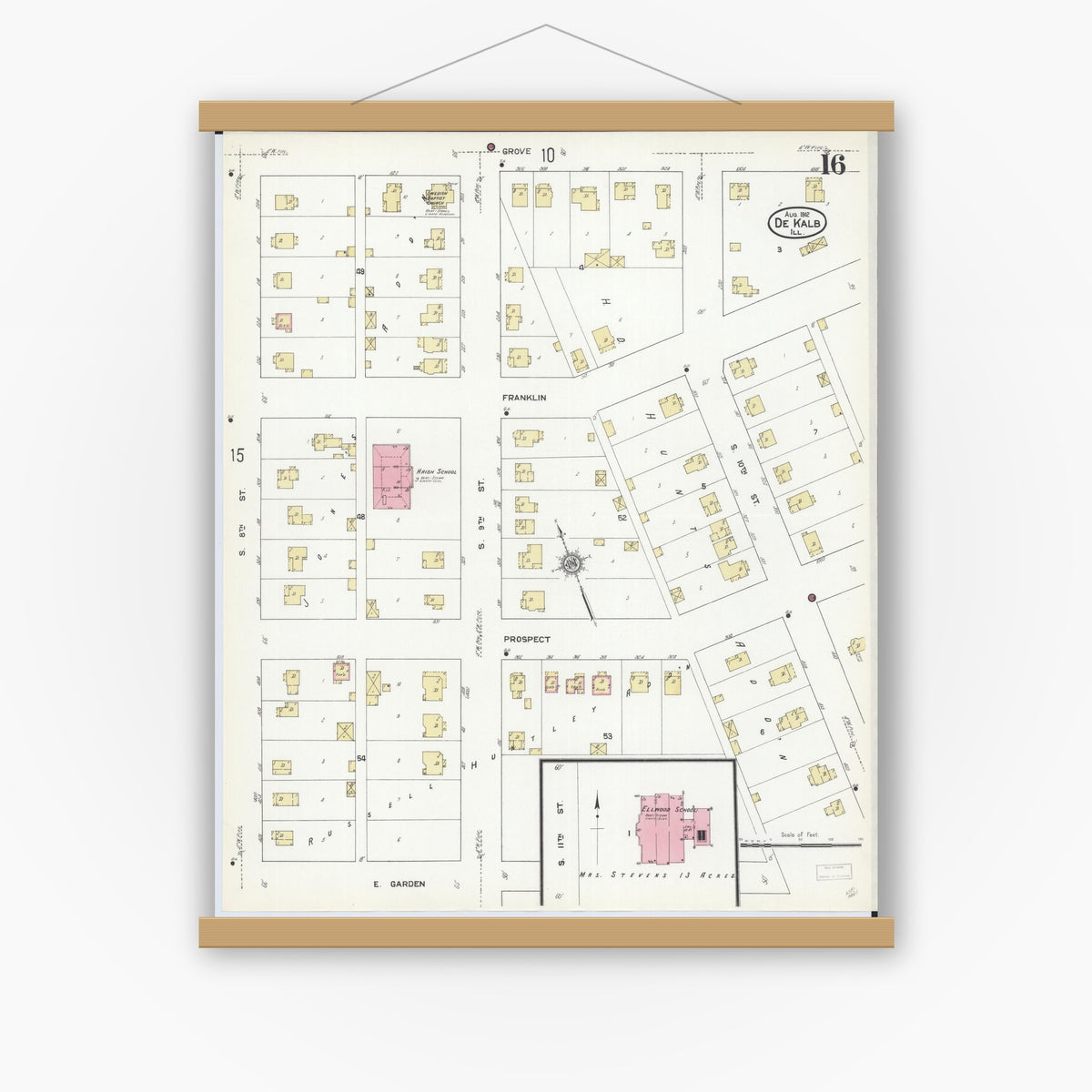 Old map wall art mockup — magnetic wood frame on white wall — Sanborn Fire Insurance Map from De Kalb, De Kalb County, Illinois (1912), Sheet #0016