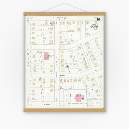 Old map wall art mockup — magnetic wood frame on white wall — Sanborn Fire Insurance Map from De Kalb, De Kalb County, Illinois (1912), Sheet #0016