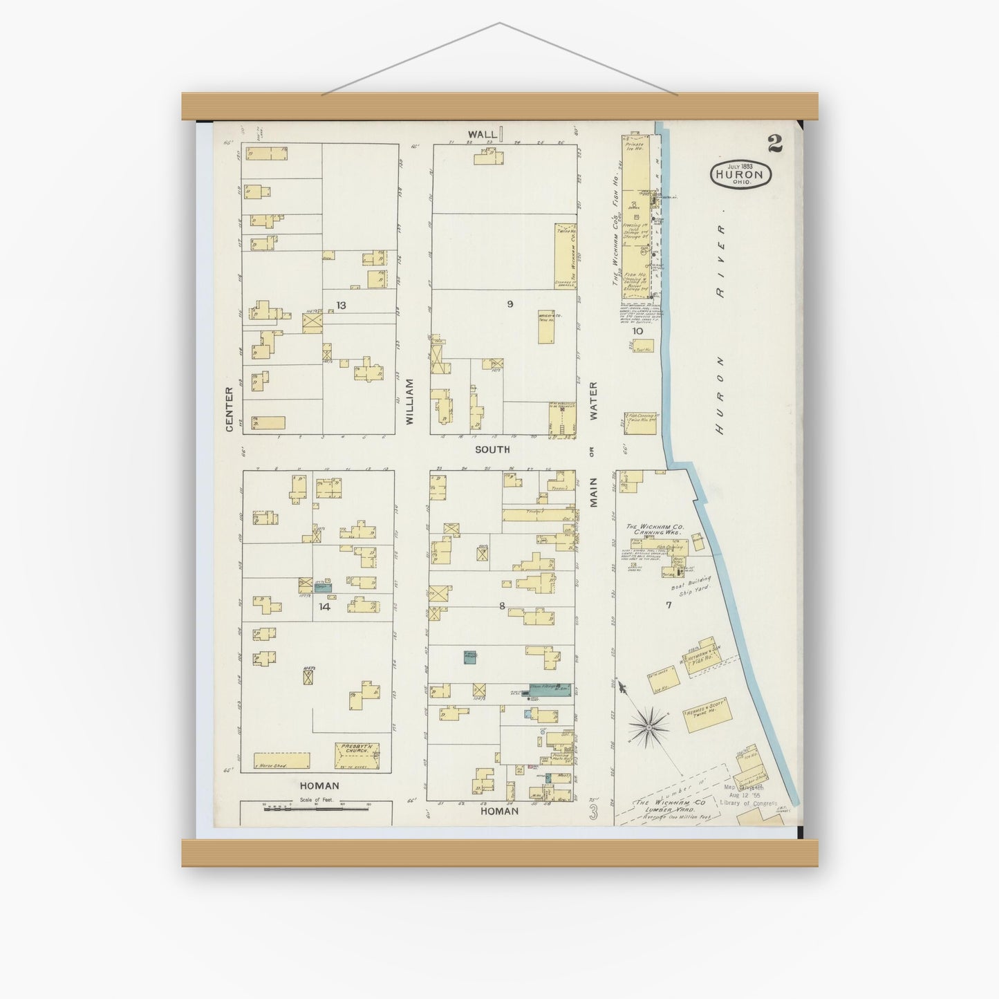 Old map wall art mockup — magnetic wood frame on white wall — Sanborn Fire Insurance Map from Huron, Erie County, Ohio (1893), Sheet #0002