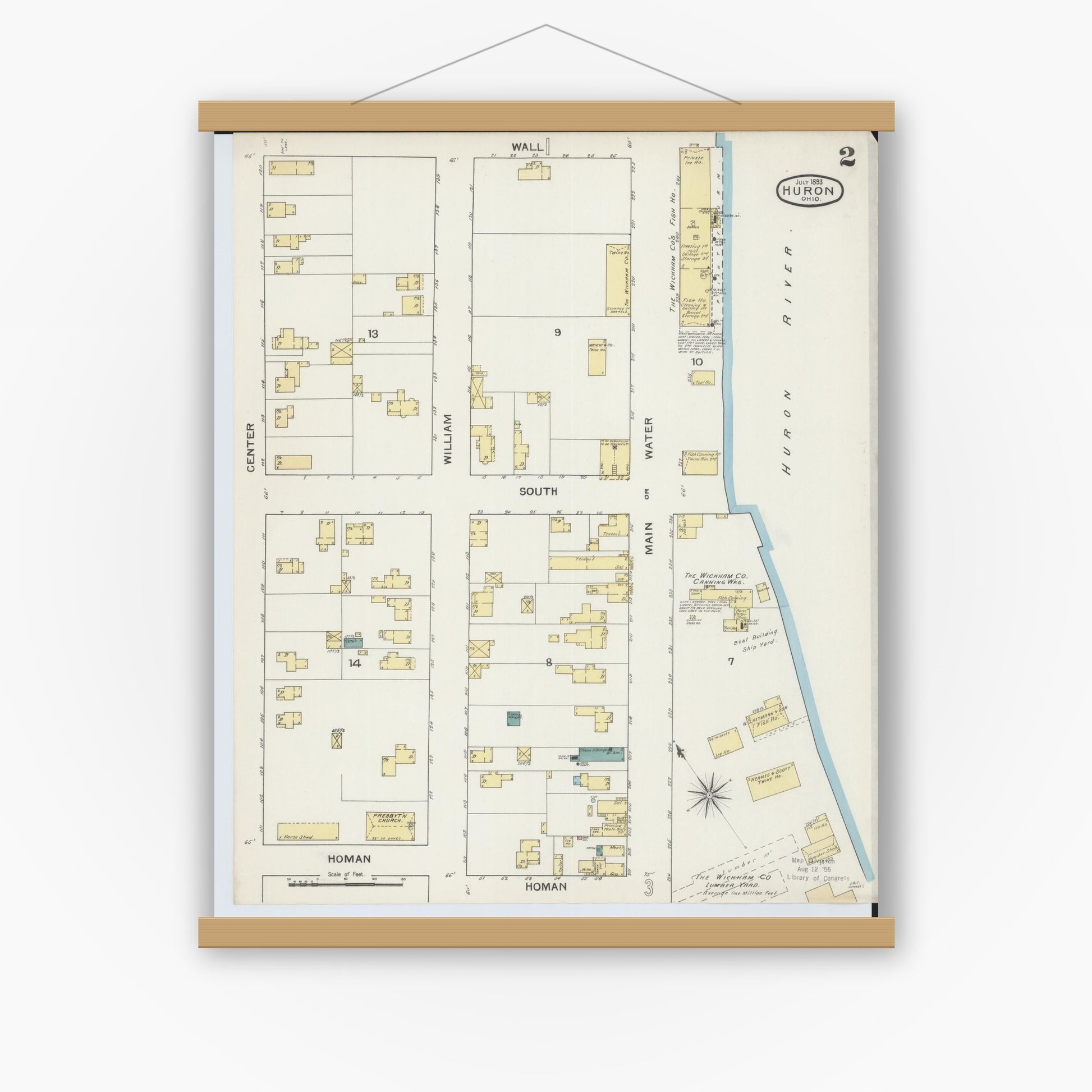 Old map wall art mockup — magnetic wood frame on white wall — Sanborn Fire Insurance Map from Huron, Erie County, Ohio (1893), Sheet #0002