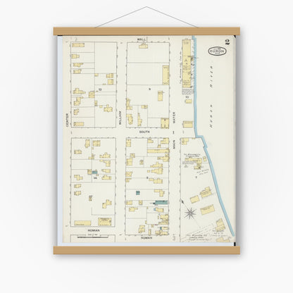 Old map wall art mockup — magnetic wood frame on white wall — Sanborn Fire Insurance Map from Huron, Erie County, Ohio (1893), Sheet #0002