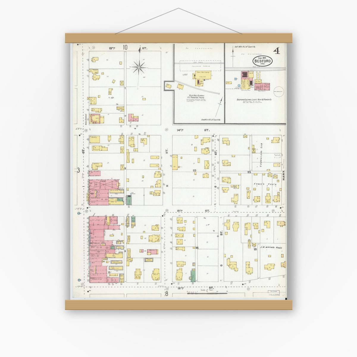Old map wall art mockup — magnetic wood frame on white wall — Sanborn Fire Insurance Map from Bedford, Lawrence County, Indiana (1904), Sheet #0004