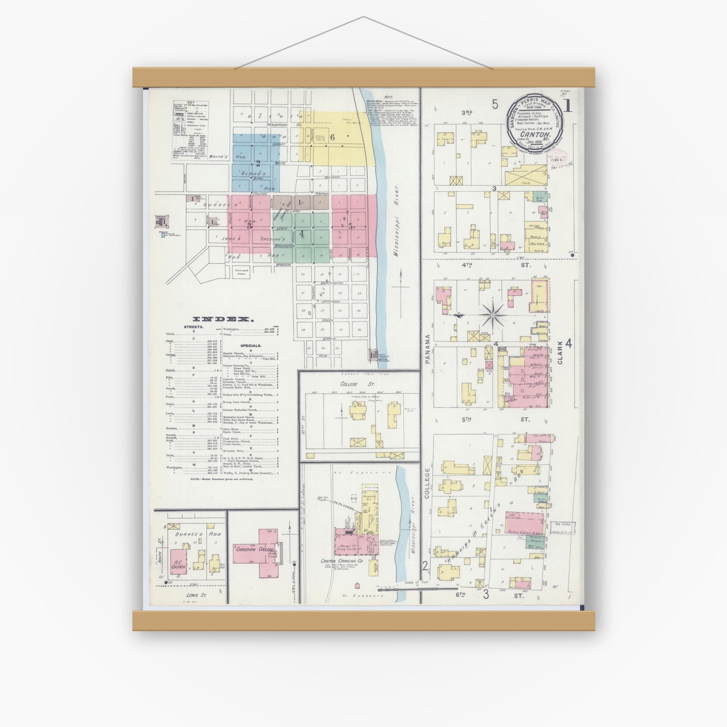 Old map wall art mockup — magnetic wood frame on white wall — Sanborn Fire Insurance Map from Canton, Lewis County, Missouri (1896) - Complete Map Set