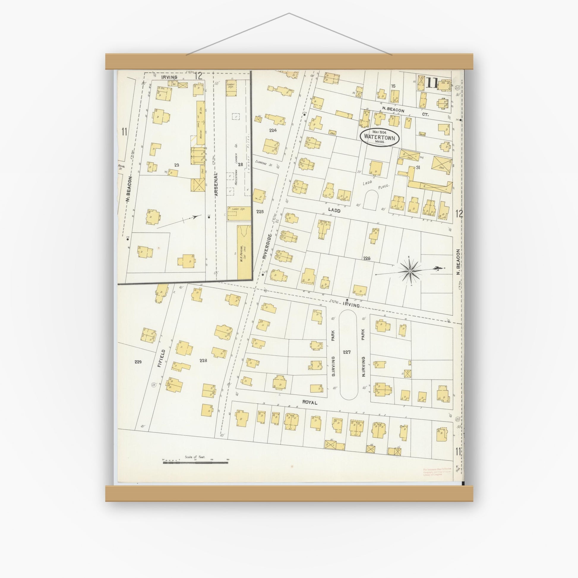 Old map wall art mockup — magnetic wood frame on white wall — Sanborn Fire Insurance Map from Watertown, Middlesex County, Massachusetts (1904), Sheet #0011