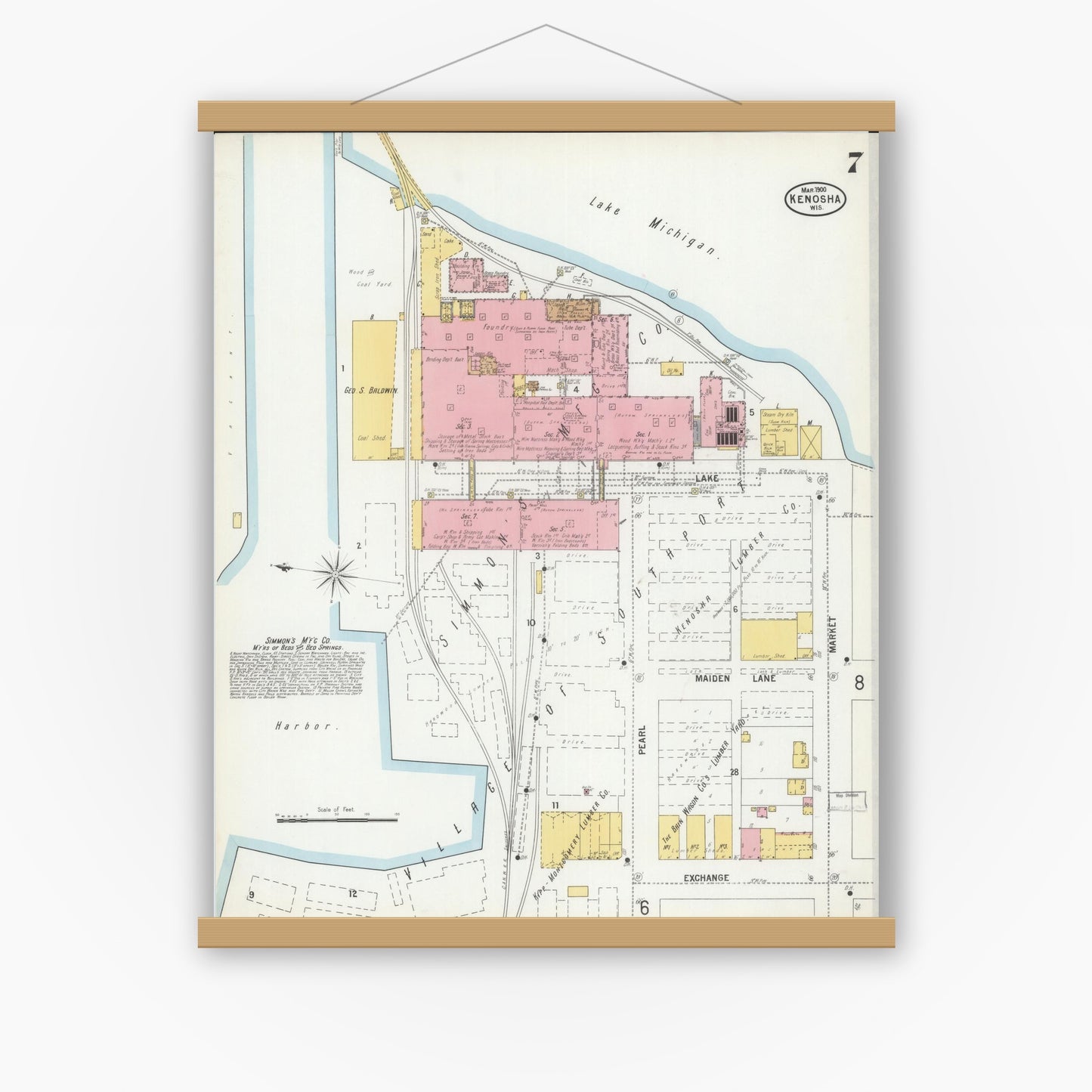 Old map wall art mockup — magnetic wood frame on white wall — Sanborn Fire Insurance Map from Kenosha, Kenosha County, Wisconsin (1900), Sheet #0007