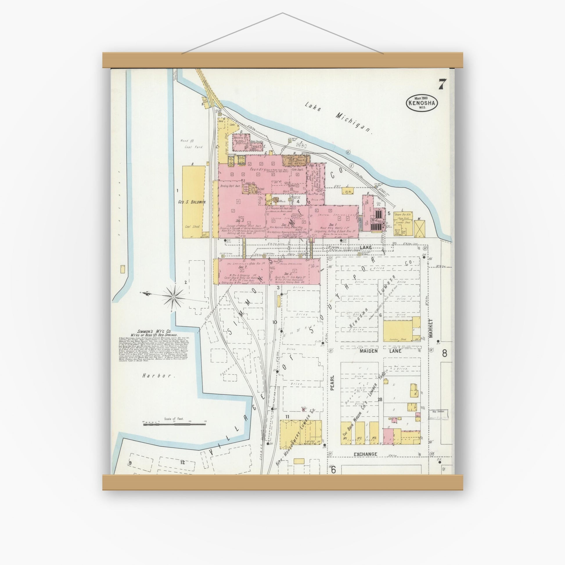 Old map wall art mockup — magnetic wood frame on white wall — Sanborn Fire Insurance Map from Kenosha, Kenosha County, Wisconsin (1900), Sheet #0007