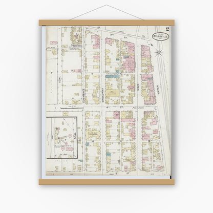 Old map wall art mockup — magnetic wood frame on white wall — Sanborn Fire Insurance Map from Wellsville, Columbiana County, Ohio (1887), Sheet #0002